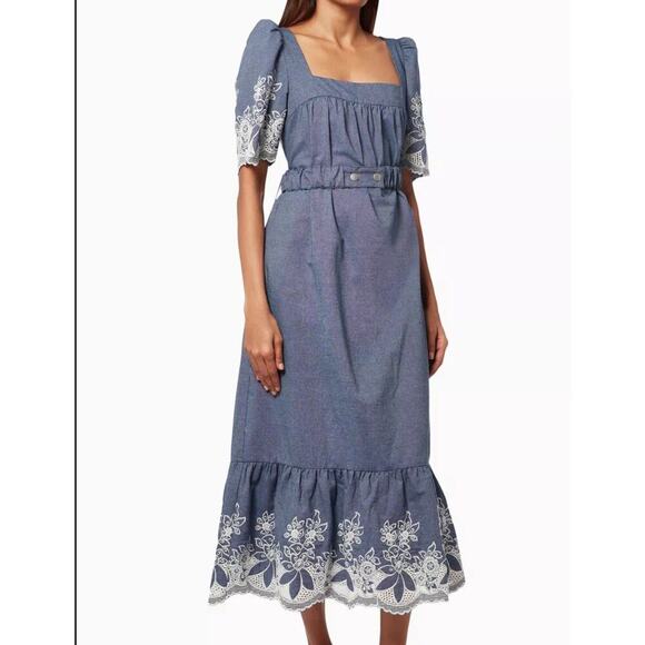 Revolve Elliatt Ethos Dress S Denim Embroidered Boho Cottage Midi Ruffle NWT - Picture 1 of 15